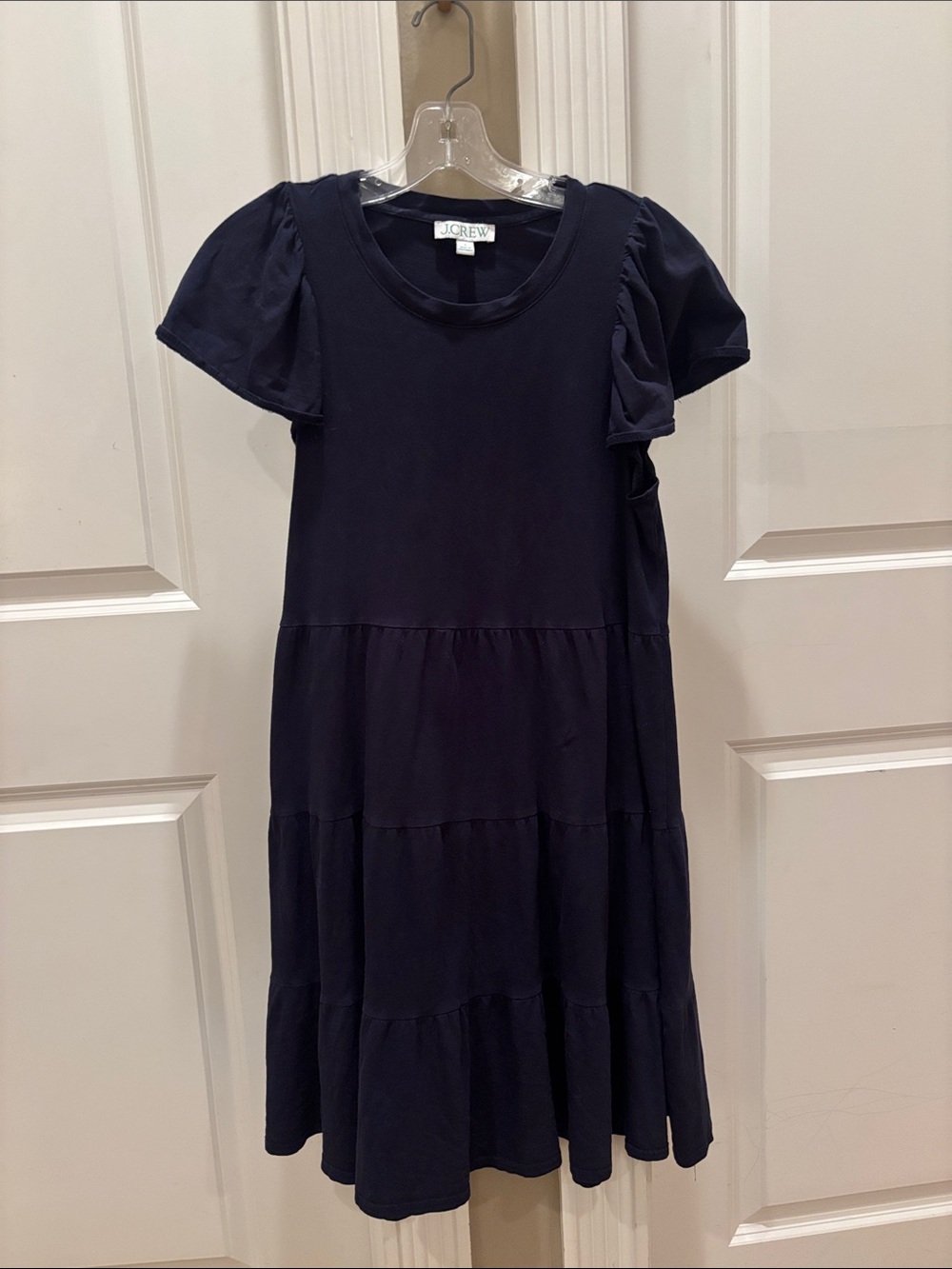 J. Crew Navy Tiered Flutter-Sleeve Midi Dress